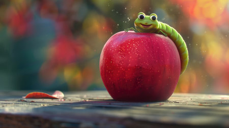 A Cheerful Green Caterpillar Exploring a Dew-Kissed Red Apple on a Rustic Wooden Surface Amidst a Blurry Autumnal Backgroundの素材