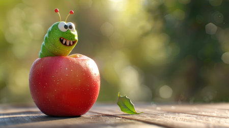 Delightful Character Caterpillar on a Dewy Apple in a Lush Garden, Expressing Joy and Curiosity in a Magical Morning Sceneの素材