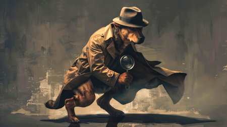 Mysterious Detective Dog in Trench Coat and Fedora Holding a Magnifying Glass in a Dark, Abstract Cityscapeの素材