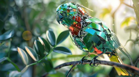 Colorful Mechanical Parrot Perched on a Branch: A Fusion of Nature and Robotics with Vibrant Feathers and Gearsの素材