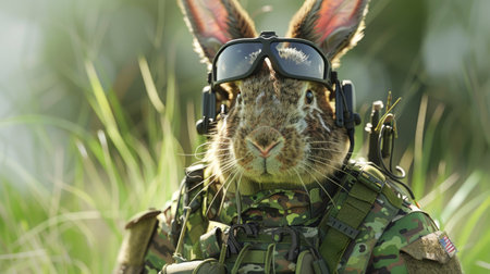 Commando Bunny in Camouflage Gear with Tactical Headset and Sunglasses Ready for Action Amidst Green Foliage: A Blend of Nature and Military Precisionの素材