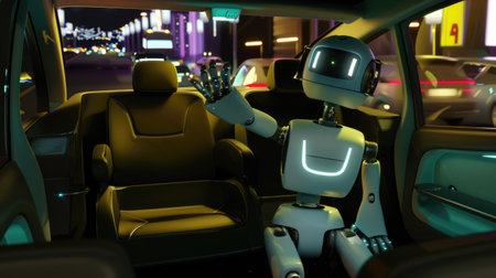 Autonomous Robot Chauffeur in a Futuristic Self-Driving Car on a Vibrant City Street at Nightの素材