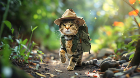 Adventurous Tabby Cat with Hat and Backpack on a Sunlit Forest Trailの素材