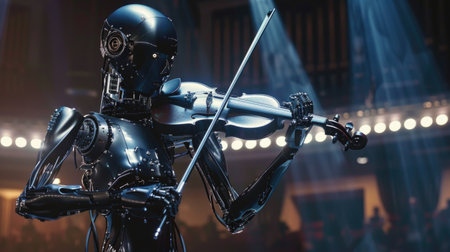 Futuristic Robotic Entity Mastering the Art of Violin Playing in a Modern Concert Settingの素材