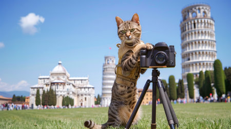 Adventurous Cat Photographer Taking Photos at the Leaning Tower of Pisa in Sunny Italyの素材