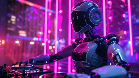 Futuristic Robot DJ Performing at a Neon-Lit Club with Excited Crowd in the Backgroundの素材