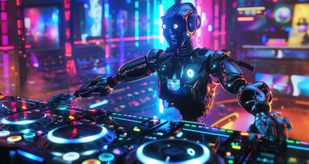 Futuristic Robot DJ Performing at a Neon-Lit Club with Excited Crowd in the Backgroundの素材
