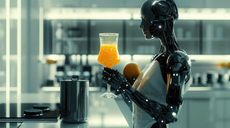Mechanical Marvel: A Glimpse into the Future of Robotics with a Lifelike Android Enjoying a Glass of Juice in a Modern Home Settingの素材