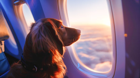 Serene dog Enjoying Flight Views - A Perfect Companion for Air Travel, Captured in the Soft Glow of Sunset Light Through the Airplane Windowの素材