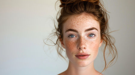 Ethereal Portrait of a Young Woman with Freckles, Windblown Hair, and Piercing Blue Eyes, Evoking a Sense of Natural Beauty and Serenityの素材