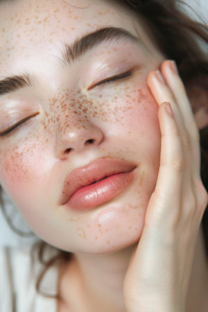 Serene Beauty Portrait of a Woman with Closed Eyes, Freckles, and Moist Lips, Showcasing Flawless Skin and a Peaceful Expressionの素材