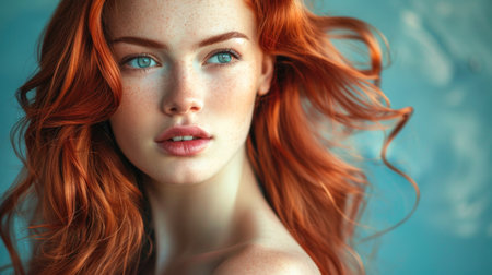 Portrait of a Red-Haired Woman with Freckles, Captivating Green Eyes, and a Gaze Full of Depth Against a Turquoise Backgroundの素材