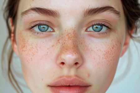 Close-up Portrait of a Young Female with Stunning Blue Eyes and Freckled Complexionの素材