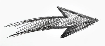 Dynamic Black Arrow Sketch on White Background, Hand-Drawn Charcoal Direction Sign, Rough Brushstroke Arrow Illustration, Creative Directional Symbol Drawing, Abstract Grunge Arrow Artwork, Directional Hand Drawn Sketchの素材