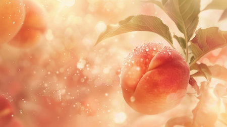 Enchanted Sunlit Peach Orchard Scene with Glistening Dew Drops, Vibrant Fresh Peaches Hanging from the Branches, Indicative of Summer's Bounty and Nature's Dewy Morning Beautyの素材