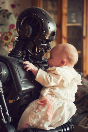 Tender Moment Between Advanced Humanoid Robot and Infant: A Heartwarming Illustration of Artificial Intelligence and Human Interaction, Symbolizing the Fusion of Technology and Humanity in a Futuristic Worldの素材