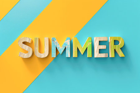Colorful Wooden Text 'SUMMER' on a Dual-Toned Blue and Yellow Background - A Vibrant and Creative Representation of Seasonal Joy and Warmth, Ideal for Seasonal Promotions and Festive Themesの素材