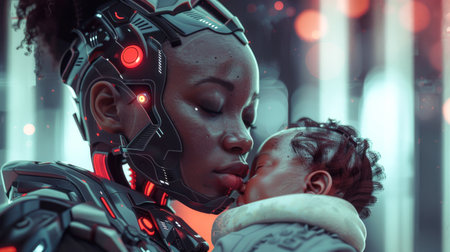 Emotive Science Fiction Scene: Humanoid Robot and Infant in a Tender Embrace - A Blend of Artificial Intelligence and Human Connectionの素材