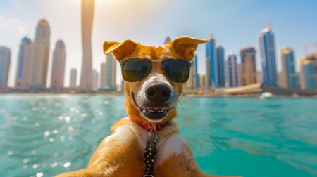 Happy Dog Enjoying a Sunny Day on a Boat with a Vibrant City Skyline Backdrop: An Uplifting Image of Urban Adventures and Pet-Friendly Travelの素材
