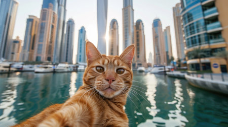 Curious Ginger Cat Enjoying a Boat Ride Against a Stunning Urban Skyline: A Perfect Blend of City Vibes and Animal Leisure for a Delightful Travel Experienceの素材