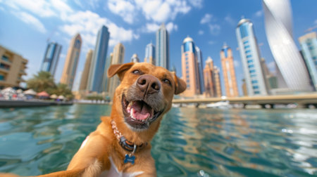 Happy Dog Enjoying a Sunny Day on a Boat with a Vibrant City Skyline Backdrop: An Uplifting Image of Urban Adventures and Pet-Friendly Travelの素材