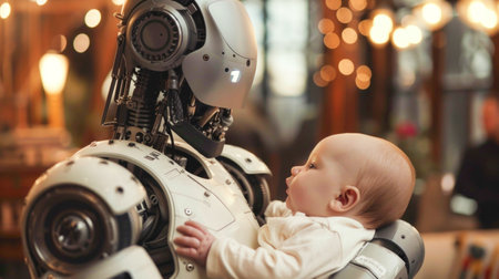 Intimate Moment Between Advanced Humanoid Robot and Child: A Heartwarming Illustration of Future Family Dynamics and the Intersection of Technology with Humanityの素材