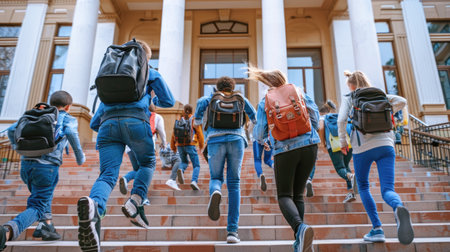 Group of Energetic Students with Backpacks Racing Up the Steps of a University Building on Campusの素材