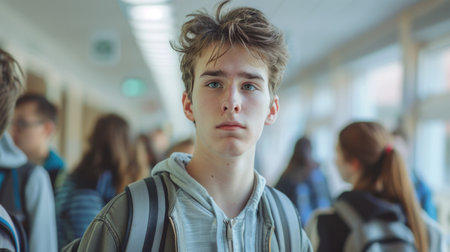 Teenage Boy with Backpack in School Corridor Looking at Camera, Blurred Students in Backgroundの素材