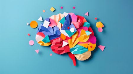 Colorful Origami Brain on Blue Backgroundの素材