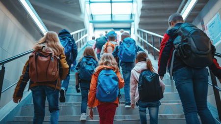 Students Climbing Stairs in Modern School Building - Capturing Movement and Education Progressの素材
