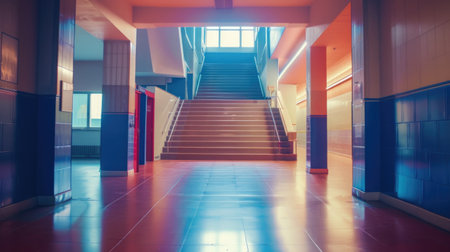 Modern School Corridor with Stairs and Natural Lightの素材