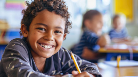 Smiling Young Girl with Pencil in Classroom Setting - Joyful Education Conceptの素材