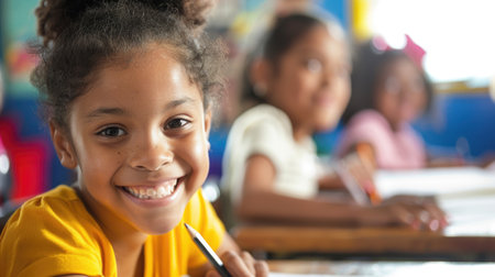 Smiling Young Girl with Pencil in Classroom Setting - Joyful Education Conceptの素材