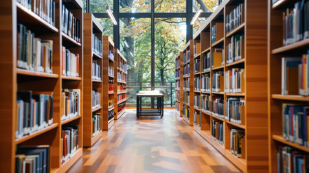 Spacious Library with Rows of Bookshelves and Tablesの素材