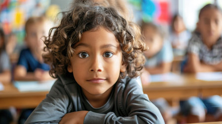 Smiling Boy in Classroom with Friends in Backgroundの素材