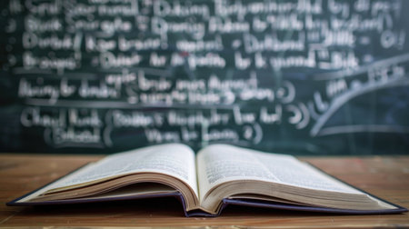 Vintage Book Open with Plant Sprout on a Classroom Desk with Chalkboard in Backgroundの素材