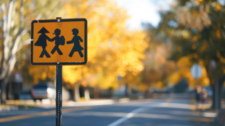 School Crossing Sign on Suburban Street with Children in Backgroundの素材