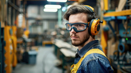 Serious Male Technician with Safety Glasses in Industrial Setting - Focused Work Conceptの素材