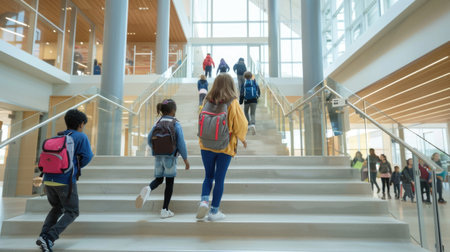 Students Climbing Stairs in Modern School Building - Capturing Movement and Education Progressの素材