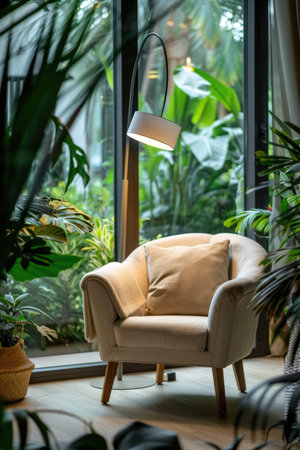 Cozy Reading Nook with Stylish Curved Floor Lamp and Lush Greeneryの素材