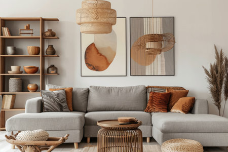 Contemporary Living Space with Gray L-shaped Sofa and Wooden Accentsの素材