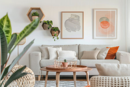 Chic Living Room with Light Gray Sofa and Geometric Wall Shelvesの素材