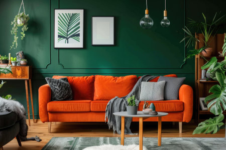 Eclectic Living Room with Bold Orange Sofa and Stylish Green Wall Panelsの素材