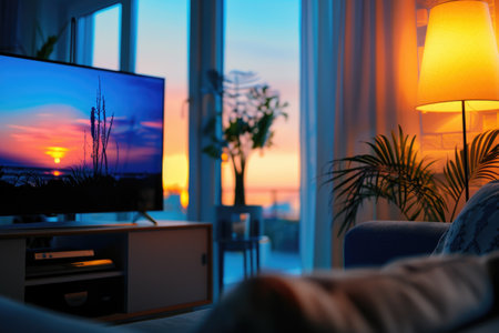 Relaxing Living Room Ambiance with Sunset View and Warm Lightingの素材