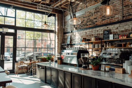 Industrial Chic Coffee Shop with Exposed Brick and Rustic Decorの素材
