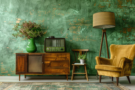Vintage Style Living Space with Retro Radio and Classic Furnitureの素材