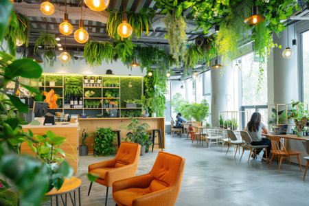 Title: Eco-Friendly Office Space with Vertical Green Wall and Modern Workspaceの素材