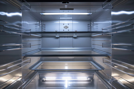 Empty Stainless Steel Refrigerator Interior with Shelves and LED Lightingの素材