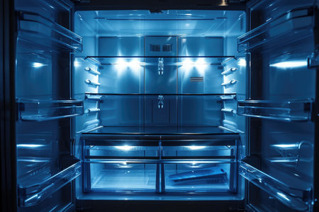 Empty Stainless Steel Refrigerator Interior with Shelves and LED Lightingの素材