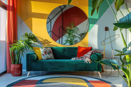 Eclectic Modern Living Space with a Plush Green Sofa and Colorful Geometric Wallsの素材